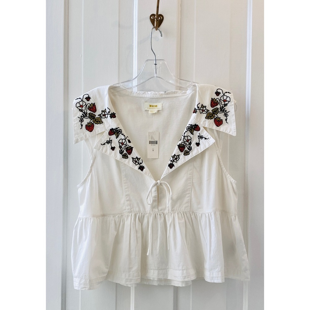 Maeve Anthropologie Strawberry Embroidered Fruit Babydoll Top White Ivory size M - Picture 3 of 16